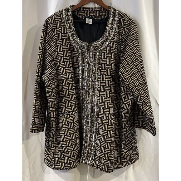 ULLA POPKEN Unique tan black print gold sequins design Blazer Jacket Size 28/30‎ - Picture 1 of 5